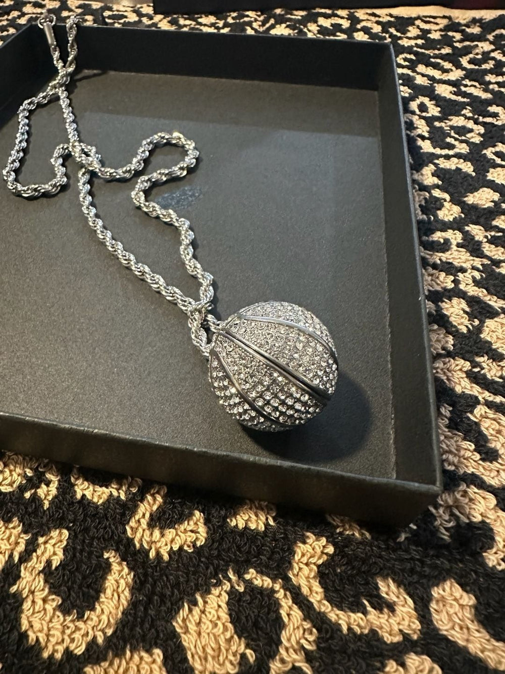 Iced Out Basketball Pendant Necklace Silver Tone Rope Chain