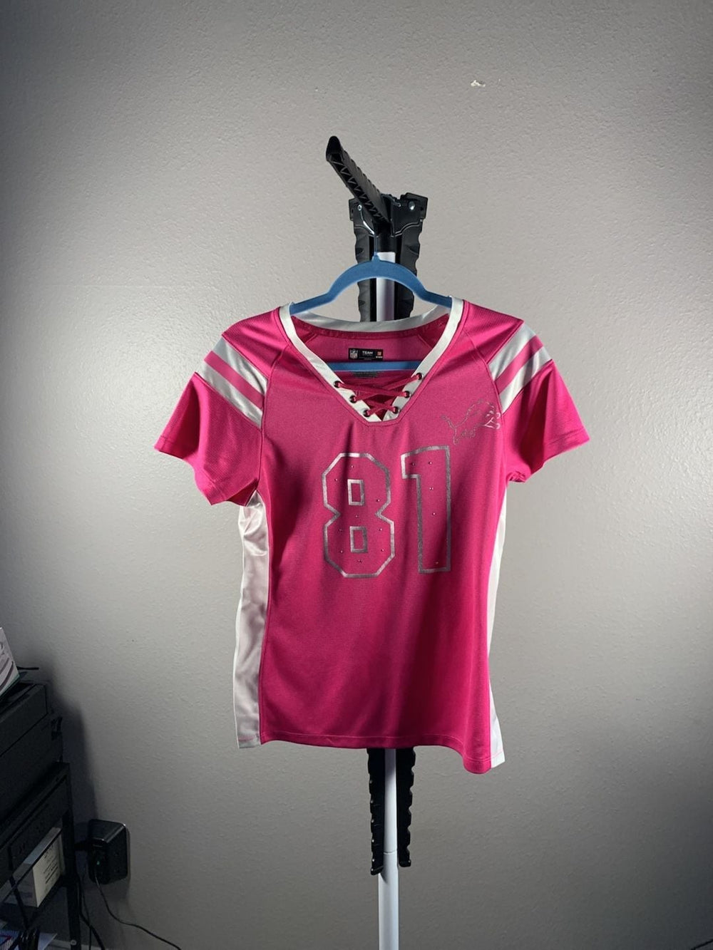 NFL Detroit Lions Calvin Johnson #81 Women's Pink Vixen Fashion Lace-Up Jersey