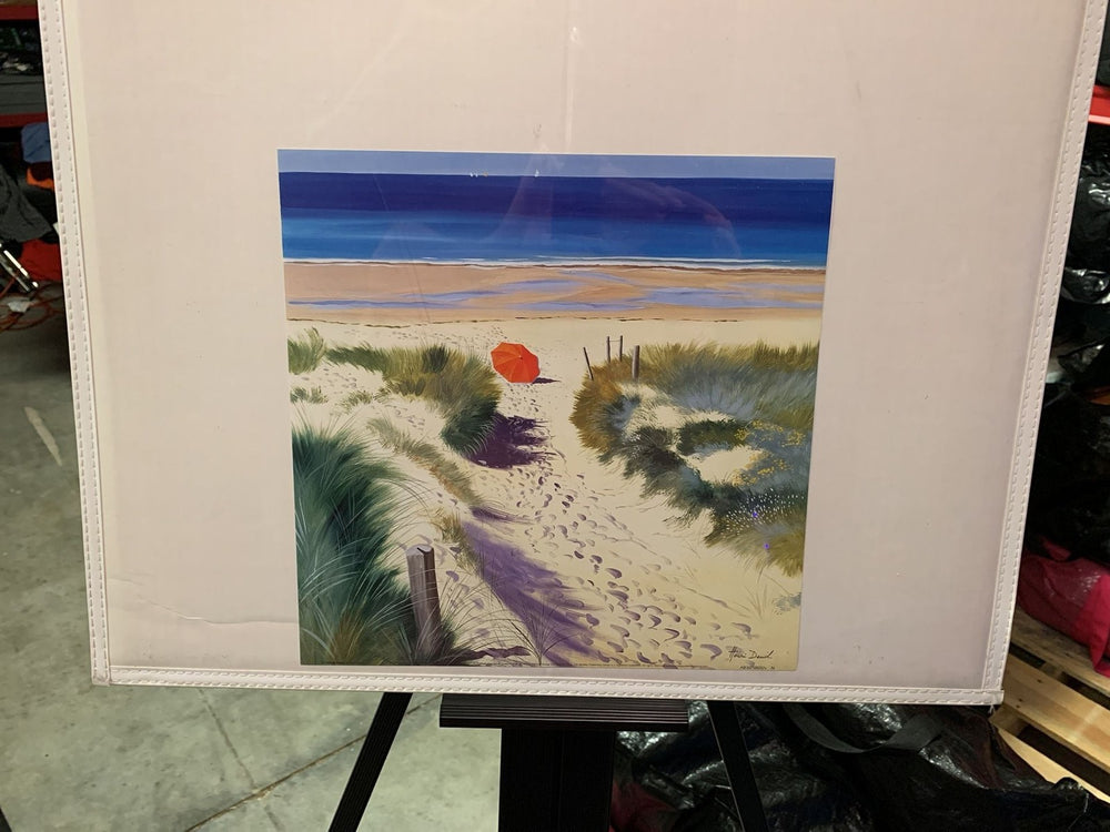 Henri Denil Beach Path with Red Umbrella Framed Art Print